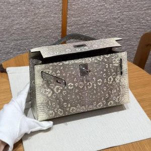 Hermes Kelly Pochette Handmade In Lizard Leather from South Africa Silver Hardware 1B Ombre - Image 14