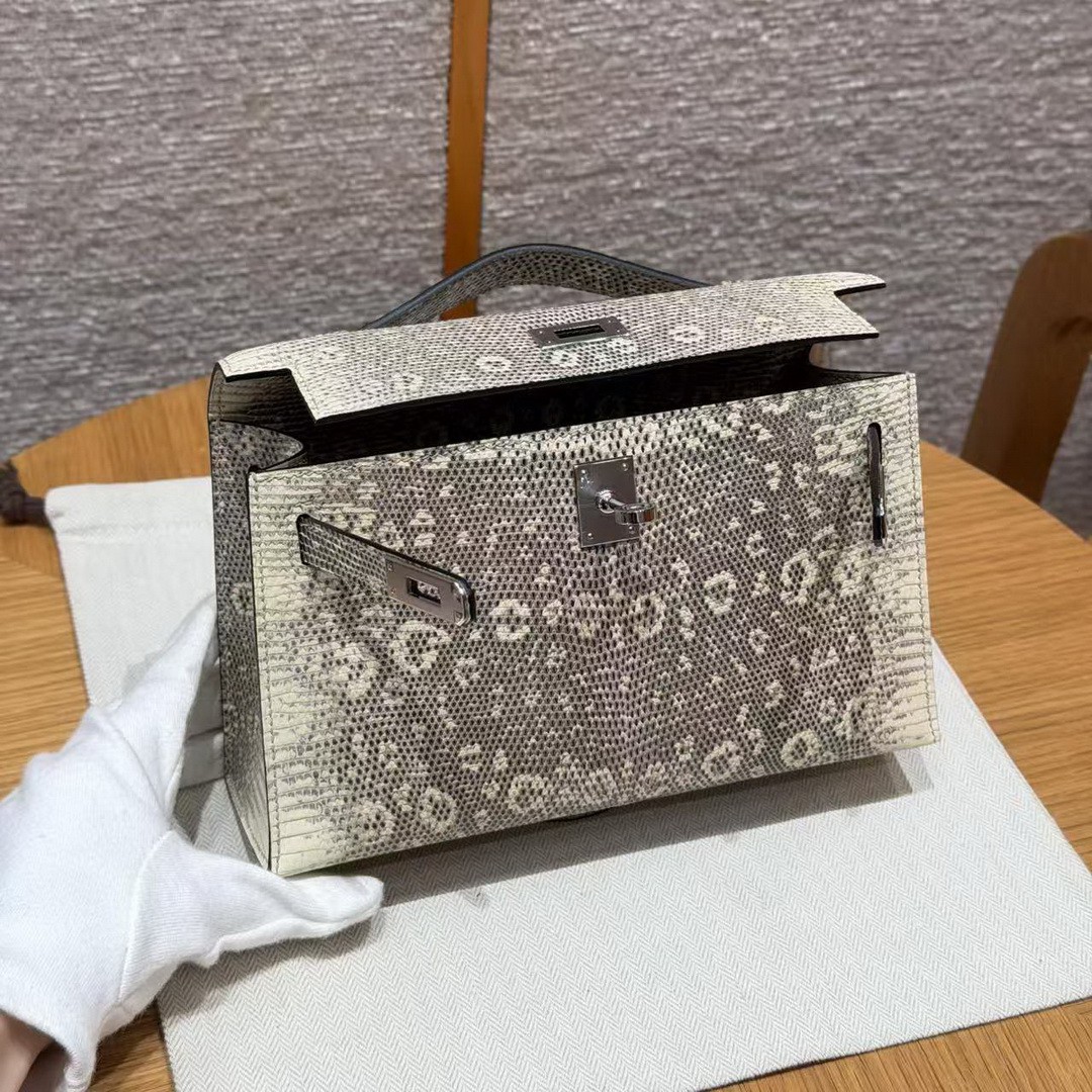 Hermes Kelly Pochette Handmade In Lizard Leather from South Africa Silver Hardware 1B Ombre - Image 14