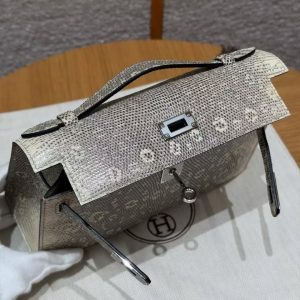 Hermes Kelly Pochette Handmade In Lizard Leather from South Africa Silver Hardware 1B Ombre - Image 11