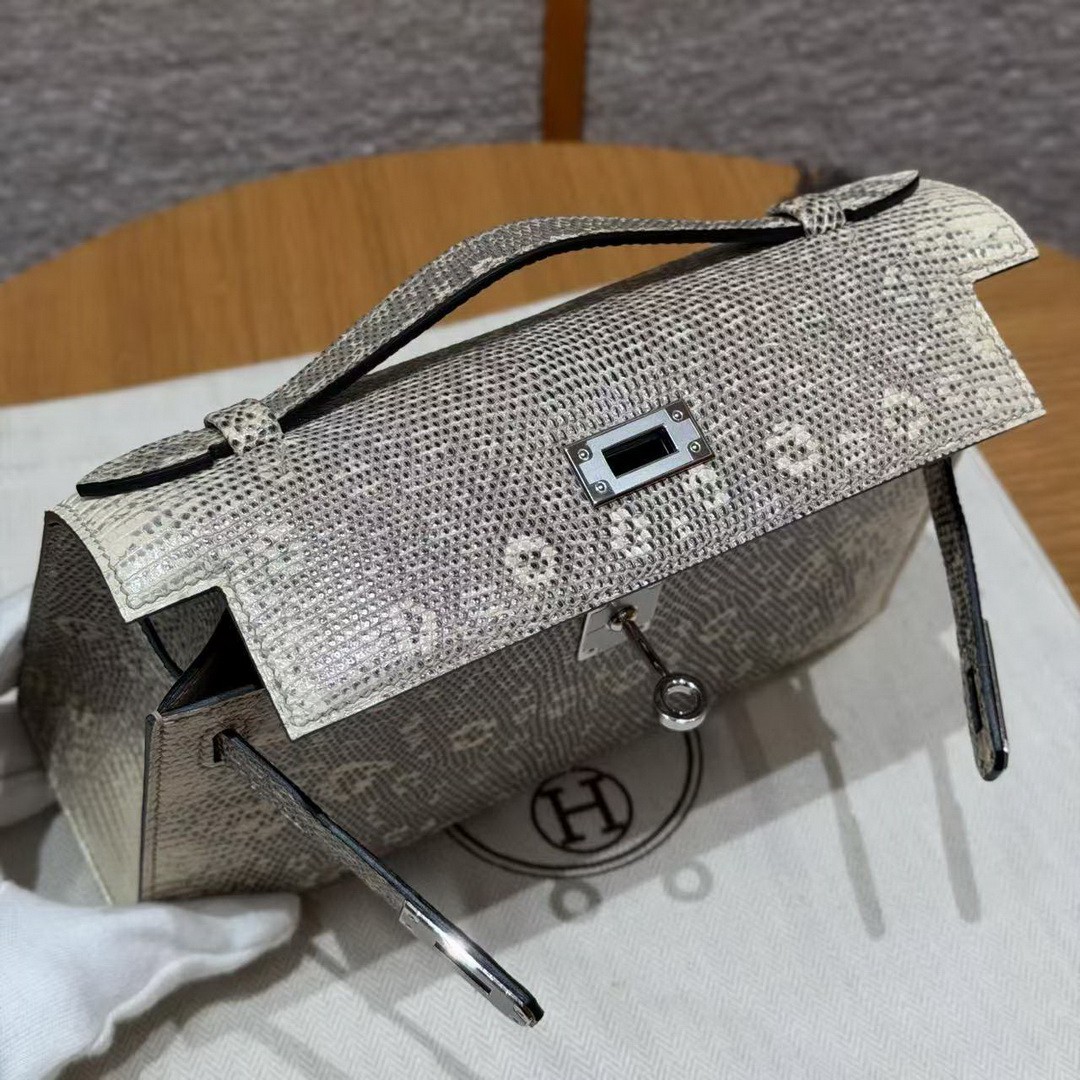 Hermes Kelly Pochette Handmade In Lizard Leather from South Africa Silver Hardware 1B Ombre - Image 11