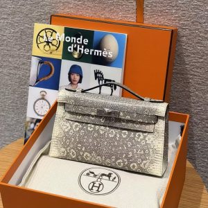 Hermes Kelly Pochette Handmade In Lizard Leather from South Africa Silver Hardware 1B Ombre - Image 3