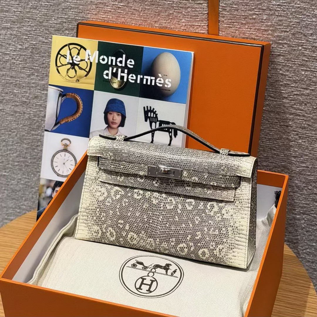 Hermes Kelly Pochette Handmade In Lizard Leather from South Africa Silver Hardware 1B Ombre - Image 3