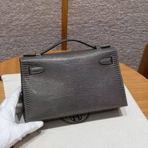 Hermes Kelly Pochette Handmade In Lizard Leather from South Africa Silver Hardware 85 Ardoise - Image 2