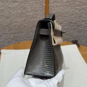 Hermes Kelly Pochette Handmade In Lizard Leather from South Africa Silver Hardware 85 Ardoise - Image 22