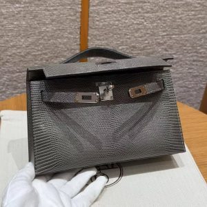 Hermes Kelly Pochette Handmade In Lizard Leather from South Africa Silver Hardware 85 Ardoise - Image 15
