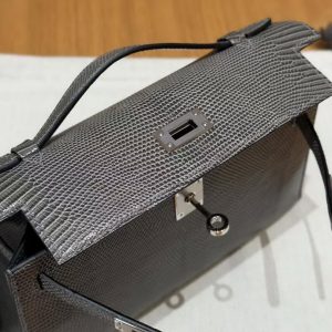 Hermes Kelly Pochette Handmade In Lizard Leather from South Africa Silver Hardware 85 Ardoise - Image 13