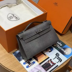 Hermes Kelly Pochette Handmade In Lizard Leather from South Africa Silver Hardware 85 Ardoise - Image 3