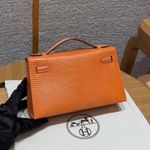 Hermes Kelly Pochette Handmade In Lizard Leather from South Africa Silver Hardware 93 Orange - Image 2