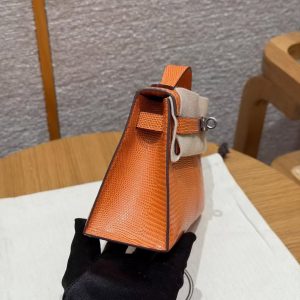 Hermes Kelly Pochette Handmade In Lizard Leather from South Africa Silver Hardware 93 Orange - Image 24
