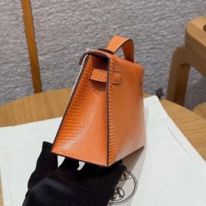 Hermes Kelly Pochette Handmade In Lizard Leather from South Africa Silver Hardware 93 Orange - Image 23