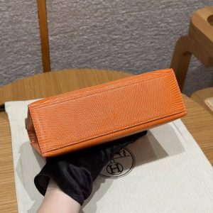 Hermes Kelly Pochette Handmade In Lizard Leather from South Africa Silver Hardware 93 Orange - Image 22