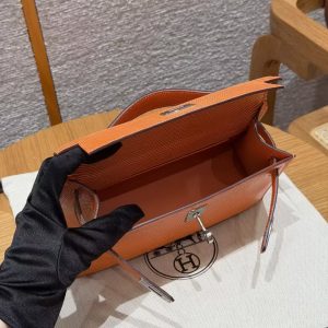 Hermes Kelly Pochette Handmade In Lizard Leather from South Africa Silver Hardware 93 Orange - Image 21
