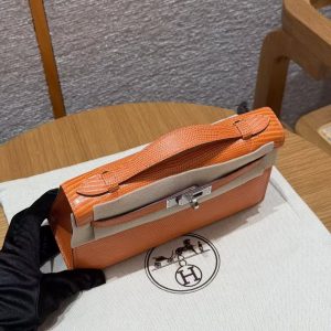 Hermes Kelly Pochette Handmade In Lizard Leather from South Africa Silver Hardware 93 Orange - Image 20