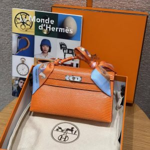 Hermes Kelly Pochette Handmade In Lizard Leather from South Africa Silver Hardware 93 Orange - Image 18