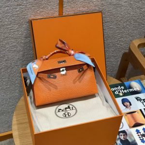 Hermes Kelly Pochette Handmade In Lizard Leather from South Africa Silver Hardware 93 Orange - Image 17