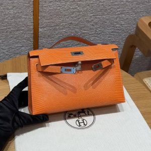 Hermes Kelly Pochette Handmade In Lizard Leather from South Africa Silver Hardware 93 Orange - Image 16