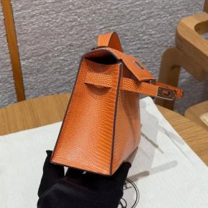 Hermes Kelly Pochette Handmade In Lizard Leather from South Africa Silver Hardware 93 Orange - Image 15