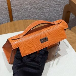 Hermes Kelly Pochette Handmade In Lizard Leather from South Africa Silver Hardware 93 Orange - Image 14