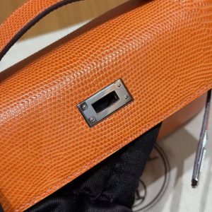 Hermes Kelly Pochette Handmade In Lizard Leather from South Africa Silver Hardware 93 Orange - Image 13