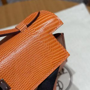 Hermes Kelly Pochette Handmade In Lizard Leather from South Africa Silver Hardware 93 Orange - Image 12