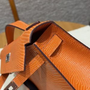 Hermes Kelly Pochette Handmade In Lizard Leather from South Africa Silver Hardware 93 Orange - Image 11