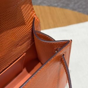 Hermes Kelly Pochette Handmade In Lizard Leather from South Africa Silver Hardware 93 Orange - Image 10
