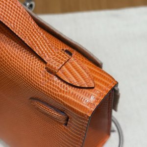 Hermes Kelly Pochette Handmade In Lizard Leather from South Africa Silver Hardware 93 Orange - Image 7