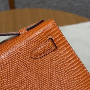 Hermes Kelly Pochette Handmade In Lizard Leather from South Africa Silver Hardware 93 Orange - Image 6
