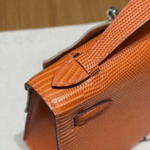 Hermes Kelly Pochette Handmade In Lizard Leather from South Africa Silver Hardware 93 Orange - Image 5