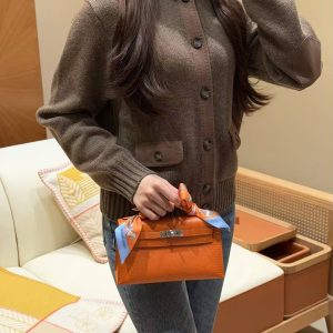 Hermes Kelly Pochette Handmade In Lizard Leather from South Africa Silver Hardware 93 Orange - Image 4