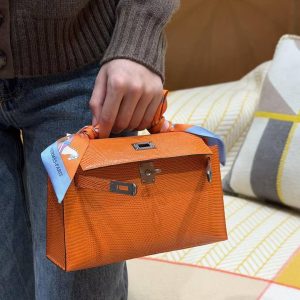 Hermes Kelly Pochette Handmade In Lizard Leather from South Africa Silver Hardware 93 Orange - Image 3