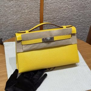 Hermes Kelly Pochette Handmade In Lizard Leather from South Africa Silver Hardware 9o Jaune de Naples