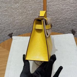 Hermes Kelly Pochette Handmade In Lizard Leather from South Africa Silver Hardware 9o Jaune de Naples - Image 2