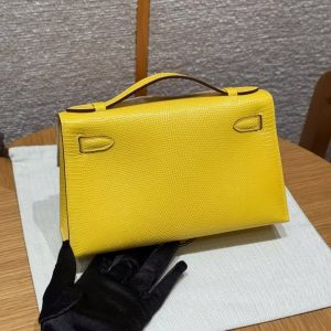 Hermes Kelly Pochette Handmade In Lizard Leather from South Africa Silver Hardware 9o Jaune de Naples - Image 22