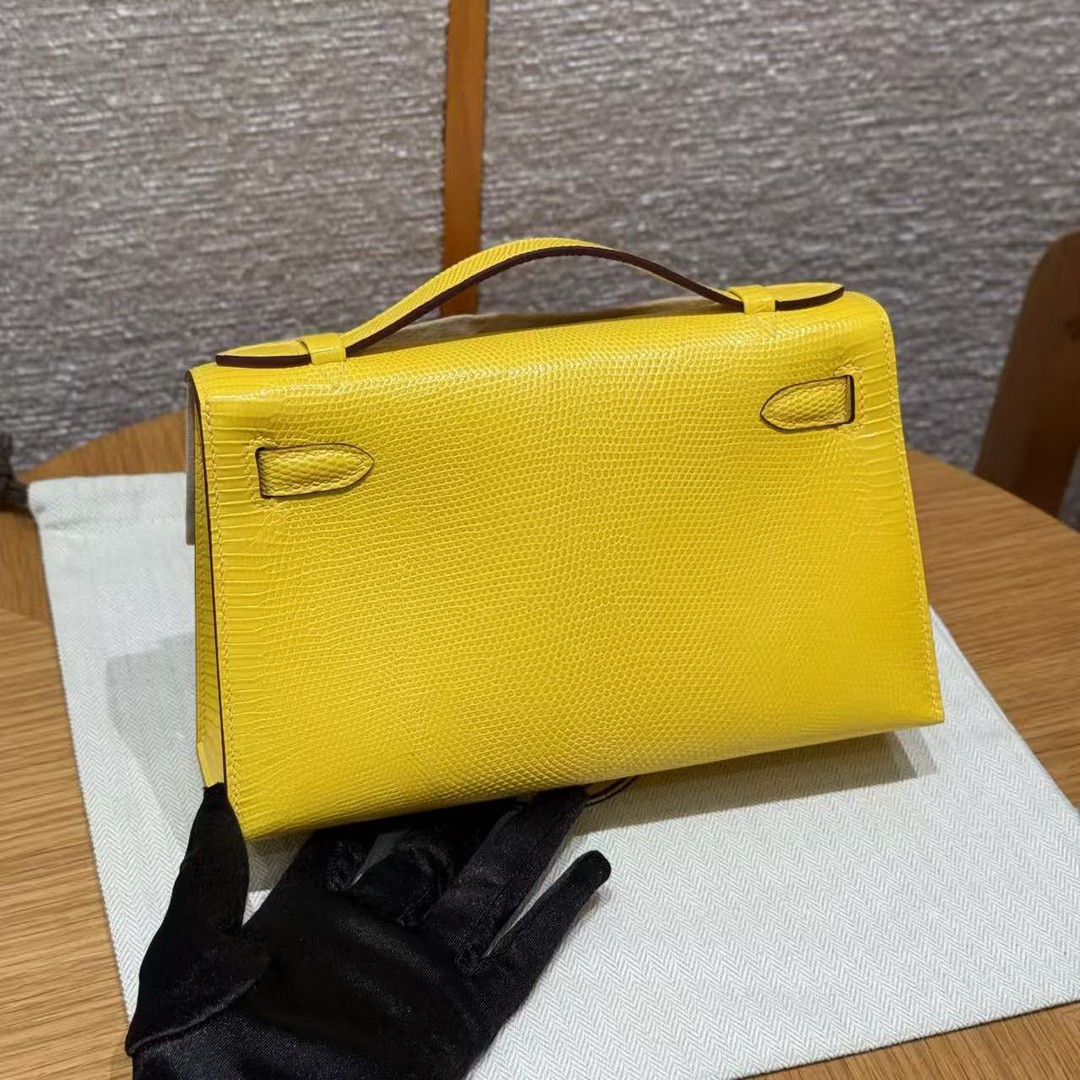 Hermes Kelly Pochette Handmade In Lizard Leather from South Africa Silver Hardware 9o Jaune de Naples - Image 22
