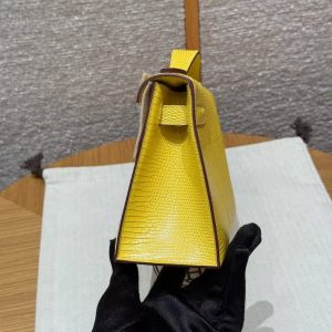Hermes Kelly Pochette Handmade In Lizard Leather from South Africa Silver Hardware 9o Jaune de Naples - Image 21