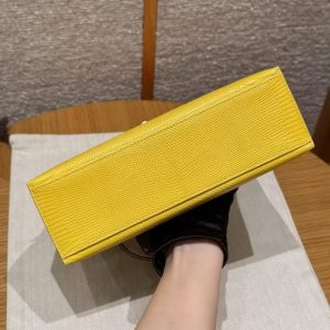 Hermes Kelly Pochette Handmade In Lizard Leather from South Africa Silver Hardware 9o Jaune de Naples - Image 20