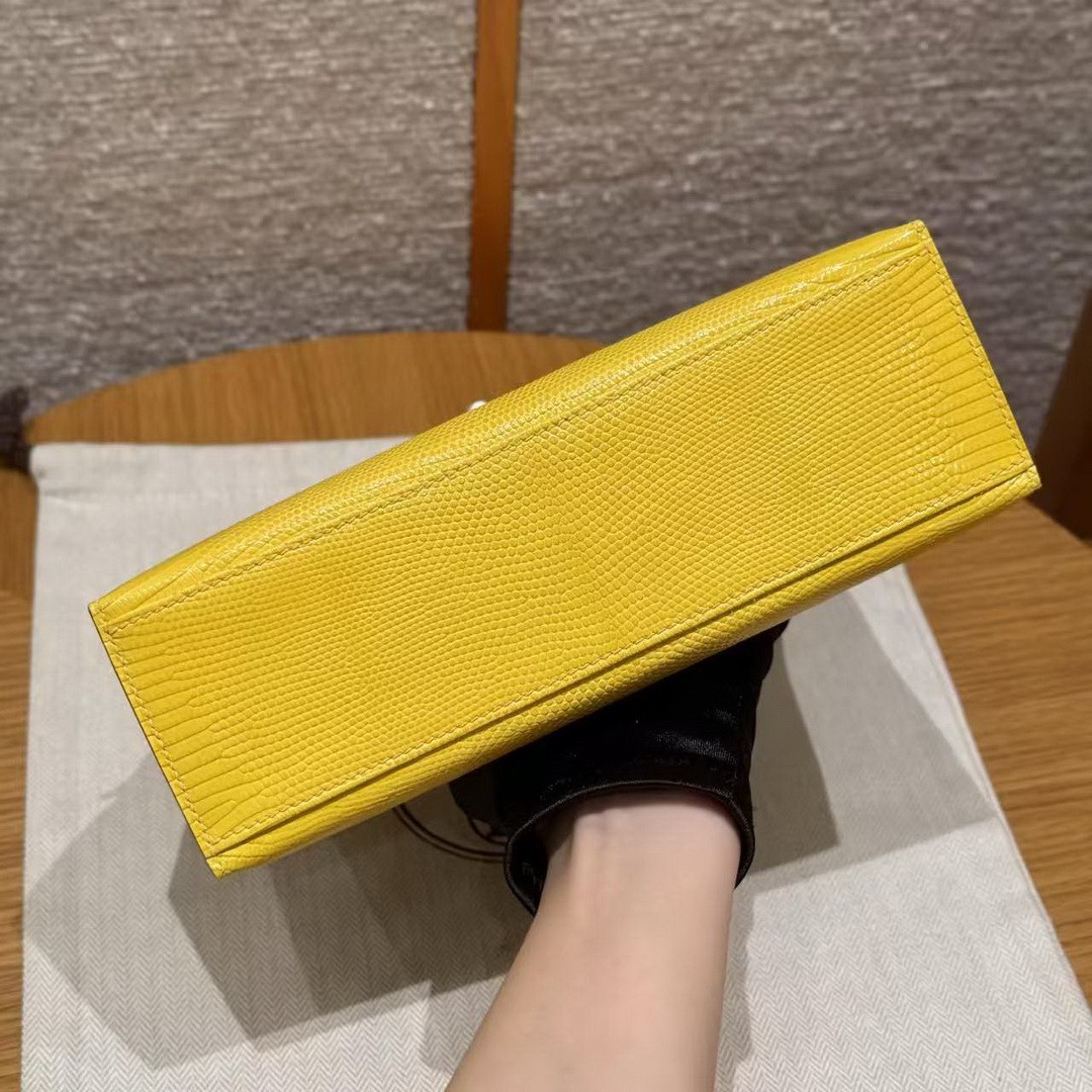 Hermes Kelly Pochette Handmade In Lizard Leather from South Africa Silver Hardware 9o Jaune de Naples - Image 20