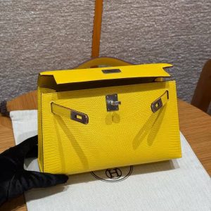 Hermes Kelly Pochette Handmade In Lizard Leather from South Africa Silver Hardware 9o Jaune de Naples - Image 14