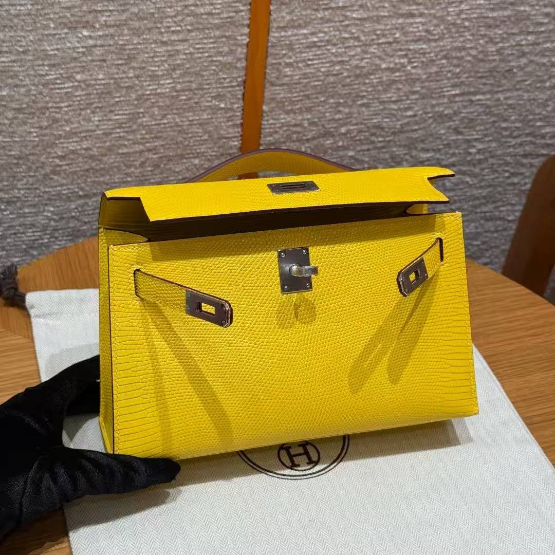 Hermes Kelly Pochette Handmade In Lizard Leather from South Africa Silver Hardware 9o Jaune de Naples - Image 14