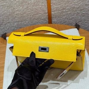 Hermes Kelly Pochette Handmade In Lizard Leather from South Africa Silver Hardware 9o Jaune de Naples - Image 11