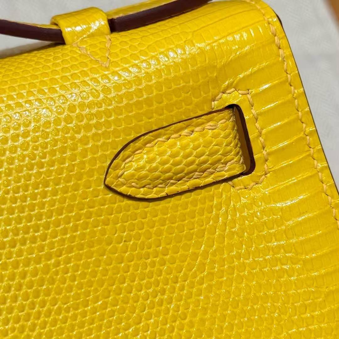 Hermes Kelly Pochette Handmade In Lizard Leather from South Africa Silver Hardware 9o Jaune de Naples - Image 7