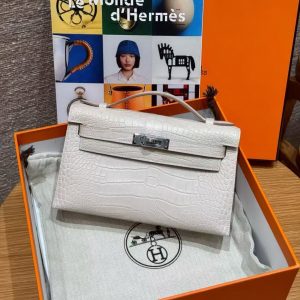 Hermes Kelly Pochette Handmade In Matte Alligator Leather Silver Hardware 10 Craie - Image 12