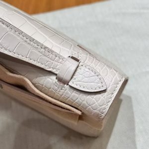 Hermes Kelly Pochette Handmade In Matte Alligator Leather Silver Hardware 10 Craie - Image 10