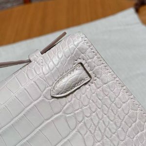 Hermes Kelly Pochette Handmade In Matte Alligator Leather Silver Hardware 10 Craie - Image 9
