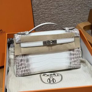 Hermes Kelly Pochette Handmade In Niloticus Leather from Nile Silver Hardware Himalaya