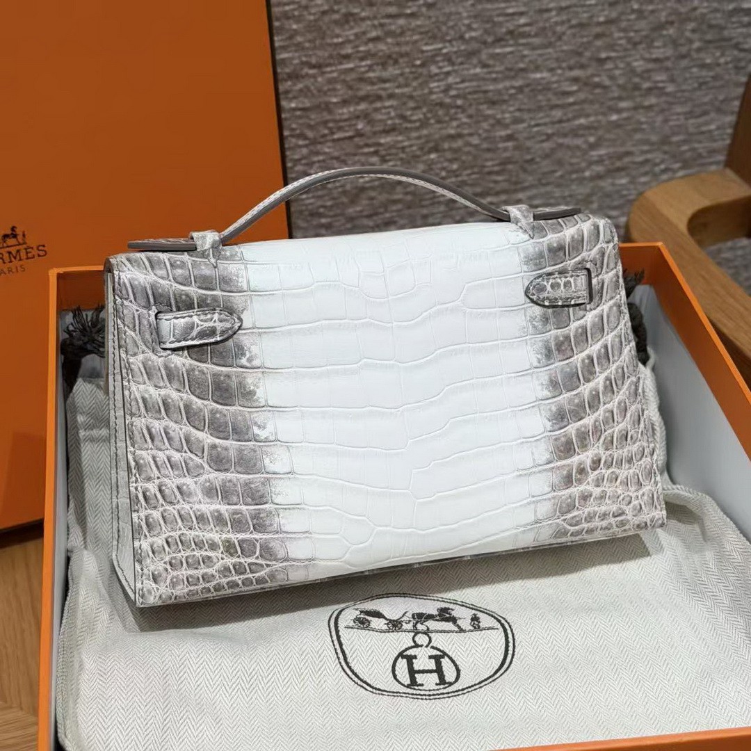 Hermes Kelly Pochette Handmade In Niloticus Leather from Nile Silver Hardware Himalaya - Image 2