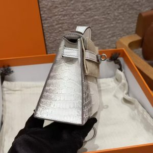 Hermes Kelly Pochette Handmade In Niloticus Leather from Nile Silver Hardware Himalaya - Image 17