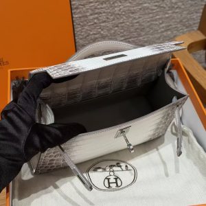 Hermes Kelly Pochette Handmade In Niloticus Leather from Nile Silver Hardware Himalaya - Image 14