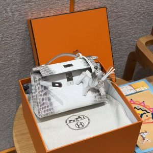 Hermes Kelly Pochette Handmade In Niloticus Leather from Nile Silver Hardware Himalaya - Image 11